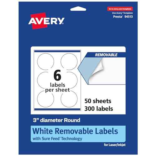 Avery Matte White Removable Round Labels, Sure Feed Technology, Print-to-The-Edge, 3" Diameter, 300 Removable Labels, Laser/Inkjet Printable