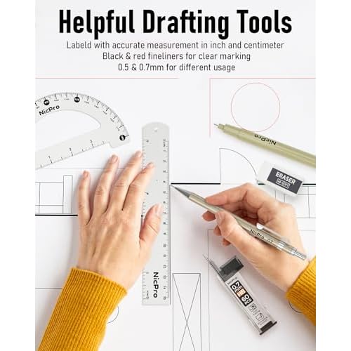 Nicpro 20PCS Professional Geometry Set with Case, Drafting Tools with Protractor and Compass, Metal Rulers, Triangles, Pens, Pencils, Drawing Supplies, Drafting Kit for Architect Engineer Students