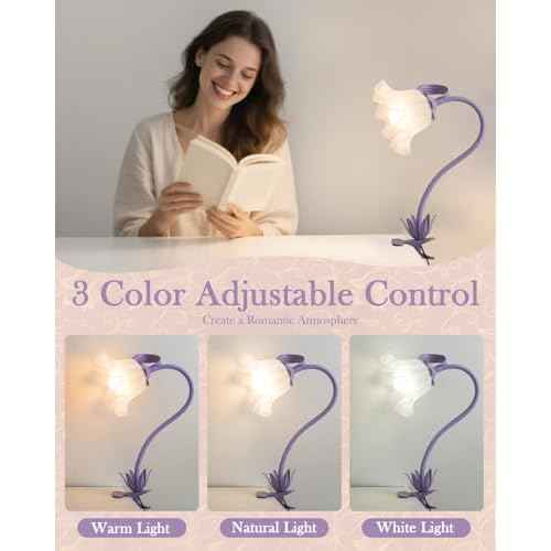 Flower Desk Lamp with Clamp - School Dorm Supplies, 3 Color Modes Flower Eye-Caring Clip on Light, Flexible Gooseneck Reading Lamps for Home College Studying Room Bedside (Purple)