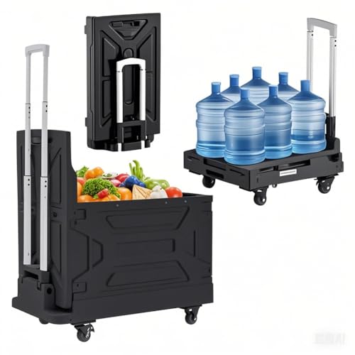 VECELO Foldable Shopping Cart with Wheels, Collapsible Rolling Crate for Groceries, Folding Storage Box with Handle, Three Modes of Use, Ideal for Teacher, Trip, Outdoors, Etc., 23GAL,Black