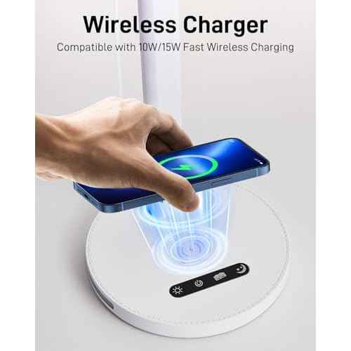 LED Desk Lamp with Wireless Charger, Stepless Dimming Desk Light with 3 Color Modes, Foldable Eye-Caring Study Reading Table Lamp with Night Light for College Dorm Home Office Bedroom Beside(White)