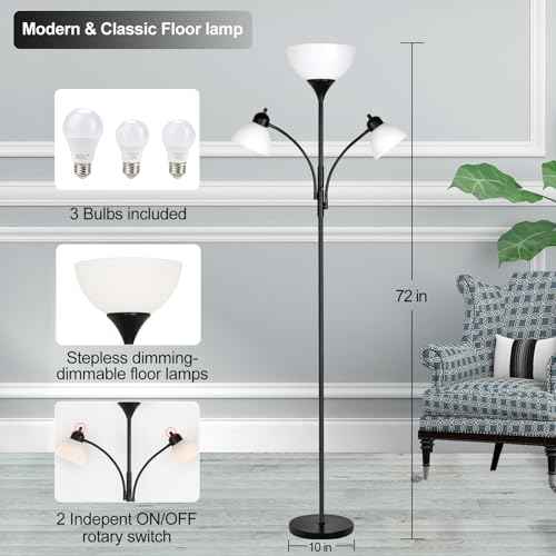 Floor Lamps for Living Room,Standing Lamp with Stepless Dimming, 3 Lights Adjustable Reading Lights, Morden Tall Lamps for Living Room, Bedroom, Office