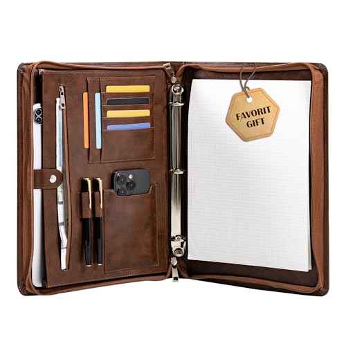 Professional 3-Ring Portfolio Organizer A4 Padfolio with Zipper, Premium PU Leather Business Planner Folder for Resume, Interview, Office, and Travel ? Dark Brown