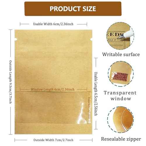 PABCK 100 Pack Small Resealable Seed Envelopes with Clear Window 2.7x3.7inch Brown Kraft Paper Packet with Preprinted Seed Collecting Template for Seed Flower Vegetable Plants Garden Storage Packaging