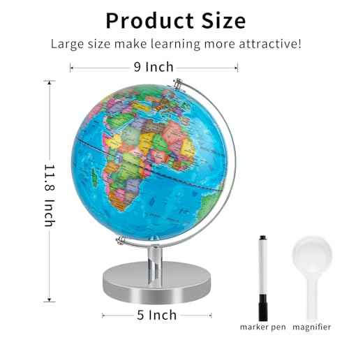 9'' Globe for Children World Globe with Stand Rewritable Easy-Read High Clear Map Earth Globes for Adults, Educational Interactive Globes for Kids Learning STEM Toy Present for 3+ Years Old