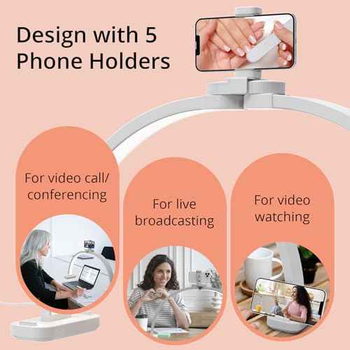 Semlos Half Moon Light for Nail Desk with 5 Phone Stands, Knob Controller, Foldable Nail Desk Lamp for Manicure & Handicraft, White