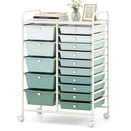 Costway 15-Drawer Rolling Storage Cart - Green Gradient, 4 Casters