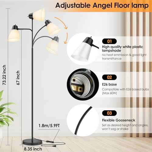 Floor Lamp for Living Room, Adjustable Gooseneck Standing Lamp with White Plastic Shade, Black Reading Floor Lamps for Dorm, Bulb not Included