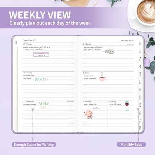 Planner 2026, Weekly and Monthly Planner with Tabs from Jan 2026 - Dec 2026, A5 Hardcover Academic Calendar with Date for School & Office Schedule, 5.8" x 8.3", Purple