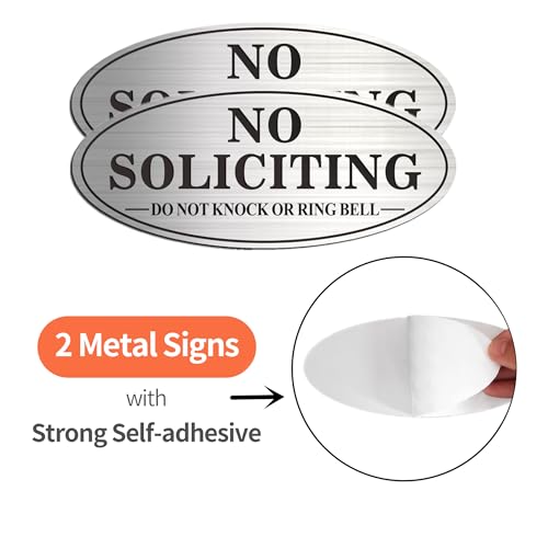 Brushed Silver & Black No Soliciting Sign - 2 Pack, Self-Adhesive Metal Door Signs, 7x3 Inches, Do Not Knock or Ring Bell, Medium