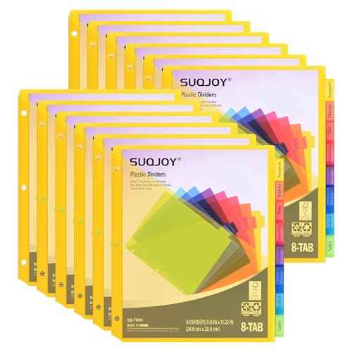 8-Tab Dividers for 3 ring binder, 96 Count Binder Dividers with Pockets, Subject Dividers, 3-Hole Plastics Sheets Protectors for US Letter Size in 0.5", 1",2" Binders, Vibrant 8 Color, 12 Packs