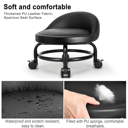 LWADALN Style 4 Rolling Stool with Backrest – 9.37in Height, 300lb Capacity, PU Leather