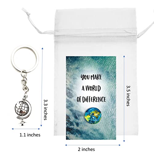 Smiling Wisdom - 20 Bulk Gifts - You Make A World of Difference Appreciation Mini 3.5x2in Cards & Globe Gifts - Men Women Staff Employees Team - 60pcs - Silver Globe Keychains