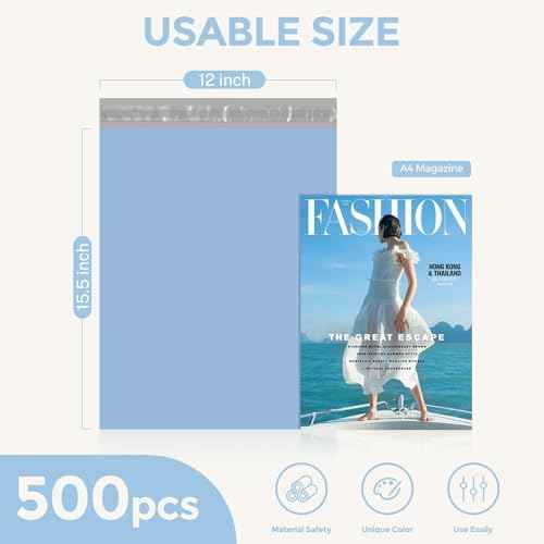 Metronic Poly Mailers 12x15.5 500pcs, Medium Size Shipping Bags for Clothes Bulk, Self-Seal Mailers Poly Bags Shipping Envelopes for Small Business, Waterproof Packaging Mailing Bags, Light Blue