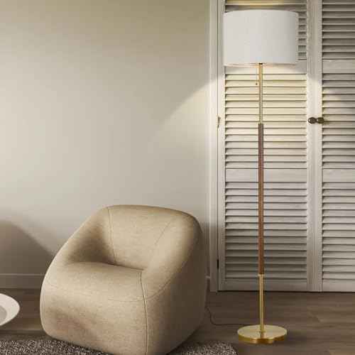 Wood Floor Lamp for Living Room Gold Traditional Farmhouse Floor Lamps Mid-Century Pole Lamp with Linen Lamp Shade, Standing Tall Floor Lamps for Bedrooms and Office (Gold)