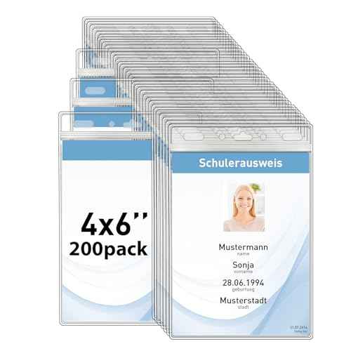Vertical ID Badge Holders with Soft Edge (Sealable Fits 4x6 Inch Insert) (200 Pack), Waterproof Passport ID Card Holder, Name Tag Holder, Name Badge Holders, Zipper Plastic Badge Holder