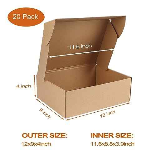 PHAREGE 12x9x4 inch Shipping Boxes Bulk 20 Pack Brown, Tab Lock Tuck Top Mailer Boxes for Packaging Small Business, Medium Cardboard Gift Boxes for Wrapping Mailing Present