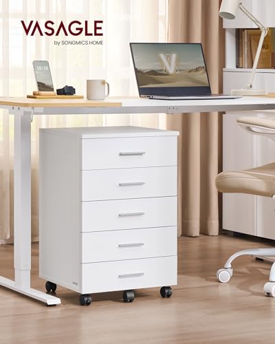 VASAGLE White 5-Drawer Mobile Pedestal Filing Cabinet with Lockable Casters