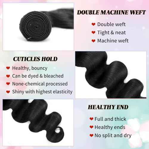 12A Body Wave Bundles Human Hair 16 Inch 100% Unprocessed Brazilian Virgin Quick Weave Human Hair Extensions Real Human Hair for Women