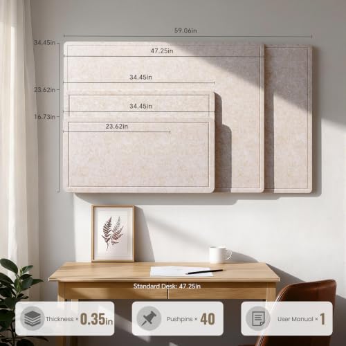 Oatmeal Large Felt Bulletin Board 24x17 Inches with 40 Pushpins - Foldable Office & Home Notice Board