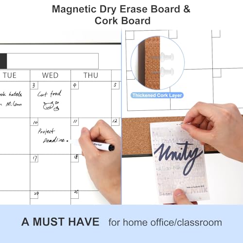 ARCOBIS Dry Erase Calendar with Cork Board for Wall, 24"x 18" Magnetic Calendar Whiteboard with Black Frame, Monthly Combination Board for School, Home, Office