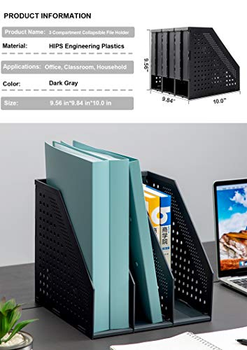 Leven Collapsible Magazine File Holder - 3 Compartments Dark Grey Office Desk Organizer