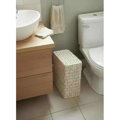 Wicker Trash Can with Lid and Liner,Boho Decotative Small Bathroom Trash Cans,Waterproof Slim Waste Basket for Bedroom,Home Office,3 Gallon