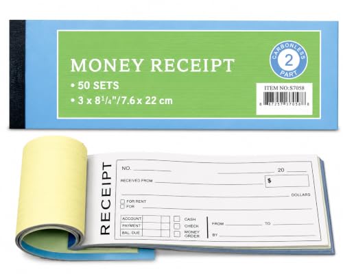 PitLite Money & Rent Receipt Book 2-Part Carbonless, 50 Sets for Landlords & Small Biz
