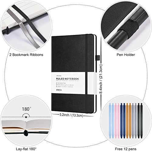 OMEYA 12 pack Journal Notebook, Classic Hardcover Lined Notebooks with 120GSM Premium Thick Paper, College Ruled Faux Leather Journal with Pocket 5.2 x 8.4 in-Multicolor