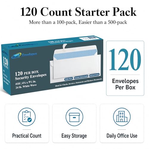Envelopus White Self Seal Business #10 Envelopes 4 1/8 x 9 1/2 Inches, 120 Pack, No Window