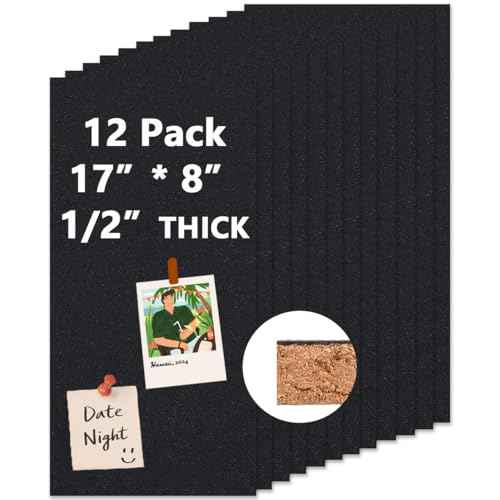 Cork Board 17"x 8" Self-Adhesive Black Cork Board, 1/2" Thick Cork Boards, 12 Pack Black Bulletin Board (4320BK-12mm-12p)