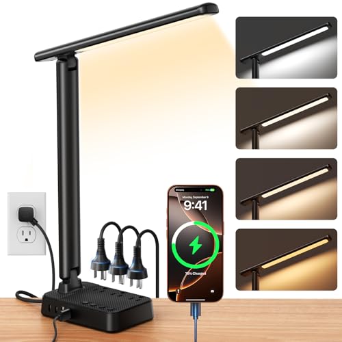 Sompaty Matte Black LED Desk Lamp with Power Strip, 3 AC Outlets, 4 USB Ports, Dimmable, 5FT
