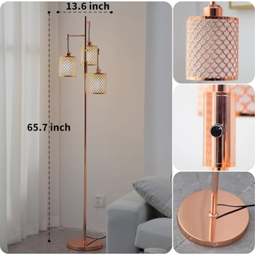Industrial Floor Lamp,Dimmable Floor Lamp,Gold Tree Lamp Standing Lamp Tall Pole Lamps with 3 Elegant lampshades for Living Room Bedroom Office, Indoor