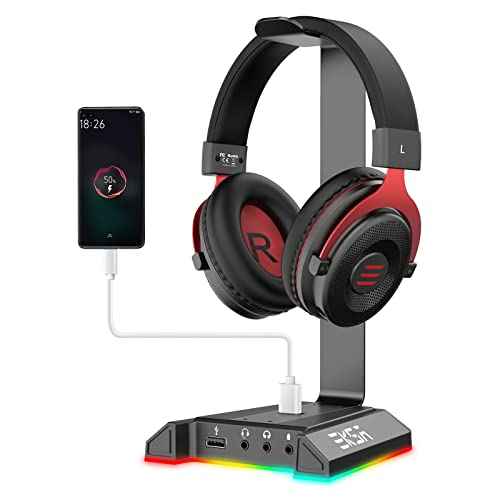 EKSA Headphone Stand, RGB Gaming Headset Stand for Desk with 7.1 Surround Sound, Headphone Holder with 3.5mm Aux and 2 USB Ports, Aluminum PC Gamer Headset Accessories for All Headphones Size