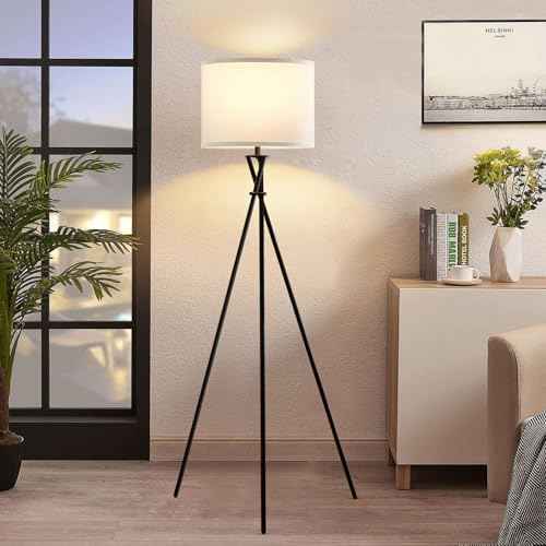 Floor Lamp for Living Room, 61'' Modern Tripod Floor Lamps with White Shade & Rotary Switch, Black Floor lamp for Bedroom, Office, Simple Design Lamp