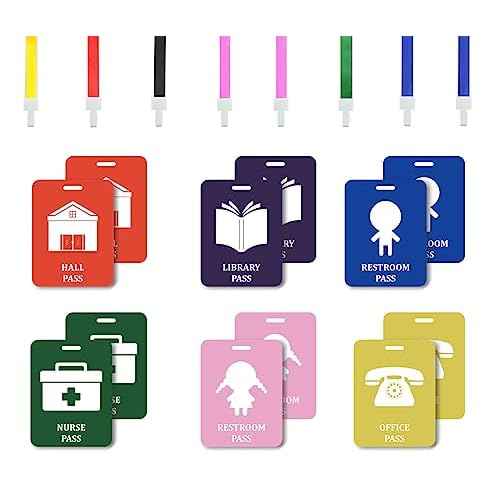 Fun-Plus 12 Pack Hall Pass Lanyards Unbreakable Plastic School Passes Set for Teachers and Classroom Supplies Including Hall Passes of Nurse, Restroom, Library, Office, School Supplies