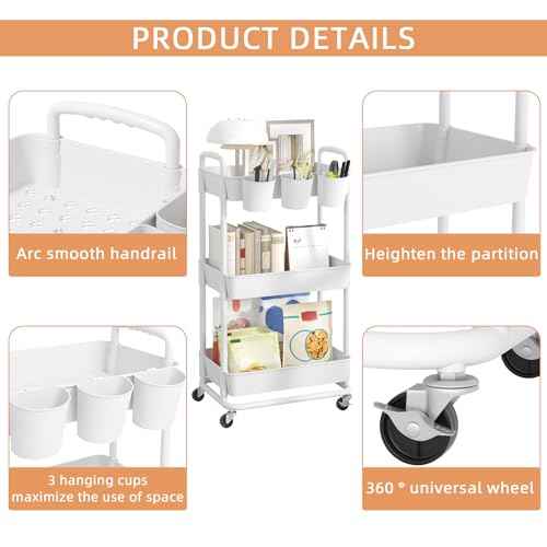 JIUYOTREE 3-Tier Plastic Rolling Storage Cart Utility Cart with Extra Hanging Cups Handles Lockable Wheels for Living Room Bathroom Kitchen Office White