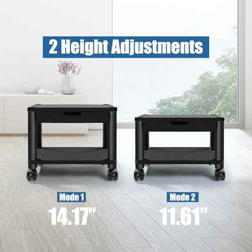 Under Desk Printer Stand with Wheels, Rolling Printer Cart with Lockable Wheels, 2-Tier Printer Table with Storage Drawer for Home&Office (Black)