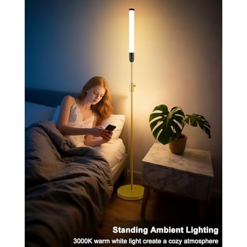 68" LED Floor Lamp for Living Room, Stepless Dimmable(10-100% Brightness) Standing Tall Lamps for Bedroom/Office, Industrial Floor Lamp, Mid Century Floor Lamps with Foot Switch-Gold