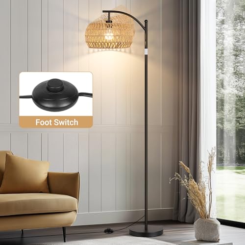 ROTTOGOON Rattan Floor Lamps for Living Room, Boho Standing Lamps with Rattan Shades, Arc Lamps Floor Standing with 9W Bulb, Foot Switch, Bohemian Floor Lamps for Bedroom, Office- Black