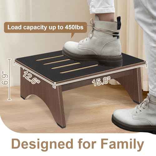 One Step Stool for Adults Seniors with Non-Slip Rubber Stepping Surface, 6.9" Portable Single Wooden Riser, 450 LBS Capacity for Bedroom Kitchen Bathroom, or Bedside, Senior Support (Brown)