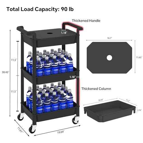 3-Tier Utility Rolling Cart with Cover Top Board, Mobile Utility Cart with Lockable Casters Multi-Functional Storage Trolley for Office, Bathroom, Kitchen, Garden, Laundry Room (Black)