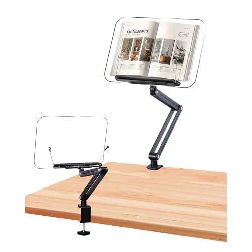 ASIEIT Book Stand with Clamp, Acrylic Desk Clamp Book Holder, 360¡Æ Cookbook Stand for Kitchen, Recipe Book Stand, Height and Angle Adjustable, Foldable and Portable for Office, Bible,Magazine,Laptops
