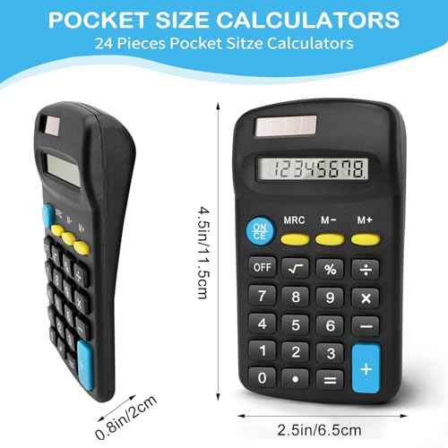 24 Pack Basic Calculators for Students, Pocket Calculator Bulk Classroom Mini Calculators Solar and Battery Dual Powered Handheld Calculator 8 Digit Display for Office School and Home