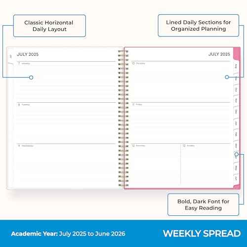 Blue Sky 2025-2026 Weekly and Monthly Academic Year Planner Calendar, July 2025 - June 2026, 8.5" x 11", Flexible Cover, Wirebound, Storage Pocket, Laminated Tabs, Roosevelt Pink