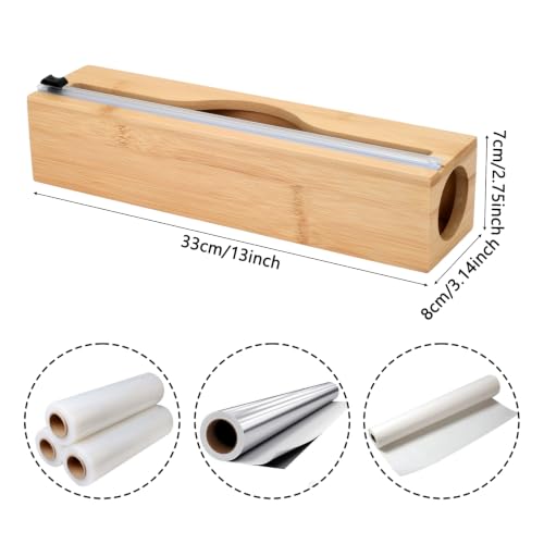 Bamboo Plastic Wrap Dispenser with Cutter, Slide Cling Holder for 12