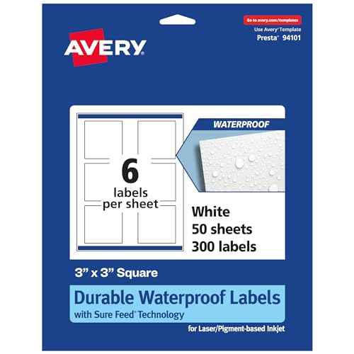 Avery Durable Waterproof Square Labels, Sure Feed Technology, Print-to-The-Edge, 3" x 3", 300 Total, Oil and Tear-Resistant, Waterproof, Laser/Pigment-Based Inkjet Printable