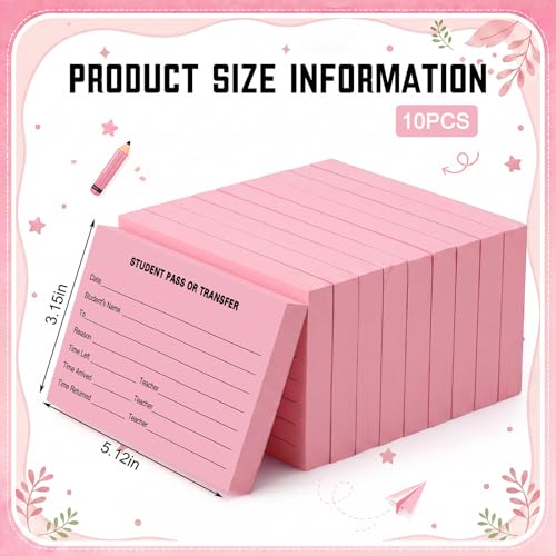 Pink Student Pass Transfer Book 10-Pack Classroom Hallway Passes
