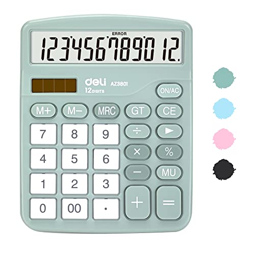Deli Green Desktop Calculator with 12-Digit LCD, Solar & Battery Dual Power