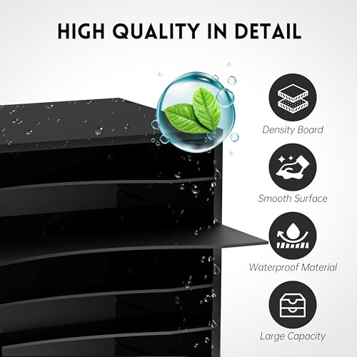 SUPEASY 5-Tier Black Wood Desk Organizer – 13.4 x 9.1 x 12 Inches, Multi-Compartment Paper & Mail Sorter